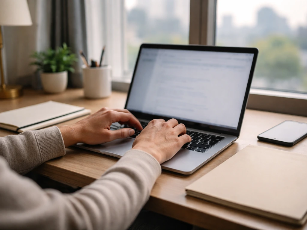 Hands typing on a laptop with a blurred screen, simple desk items suggesting checking newer filings.