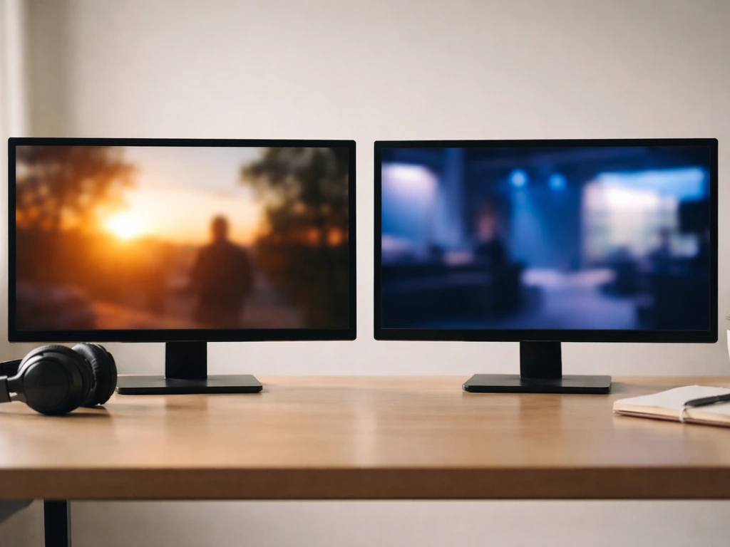 Minimal desk scene with two monitors showing different indistinct visuals to suggest two separate identities.