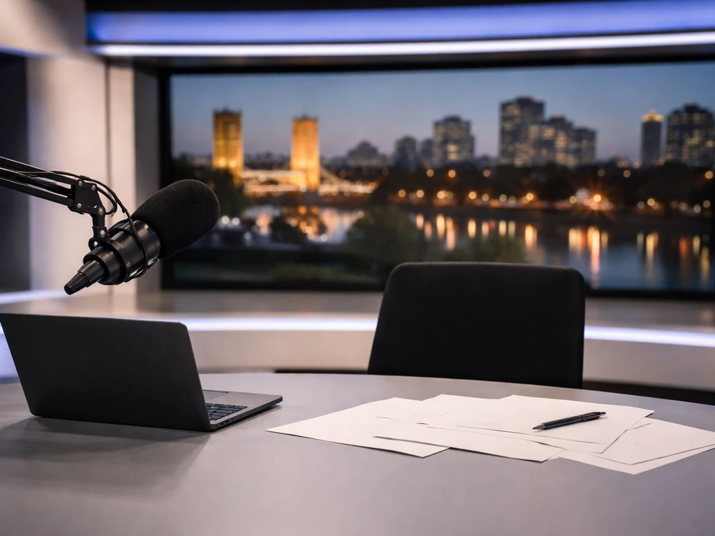 Minimal media studio desk setup with microphone and warm city view, symbolizing TV career income drivers.