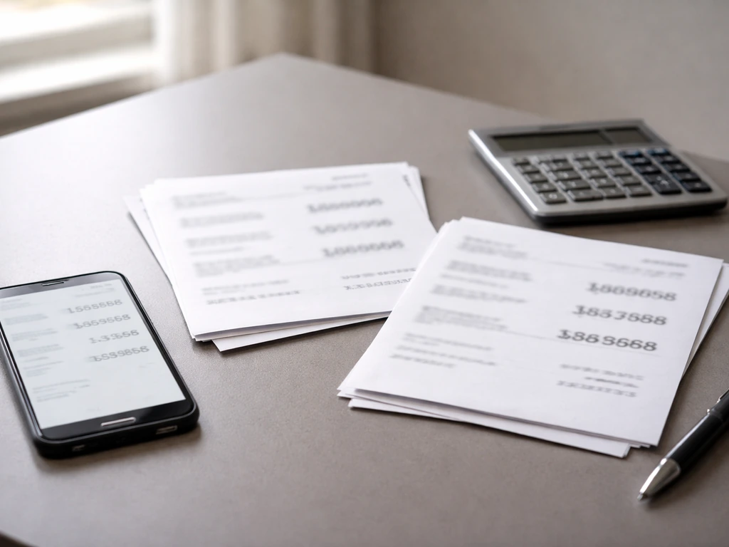 Anonymous office desk with scattered printouts and a smartphone showing mismatched net-worth figures, no readable text.