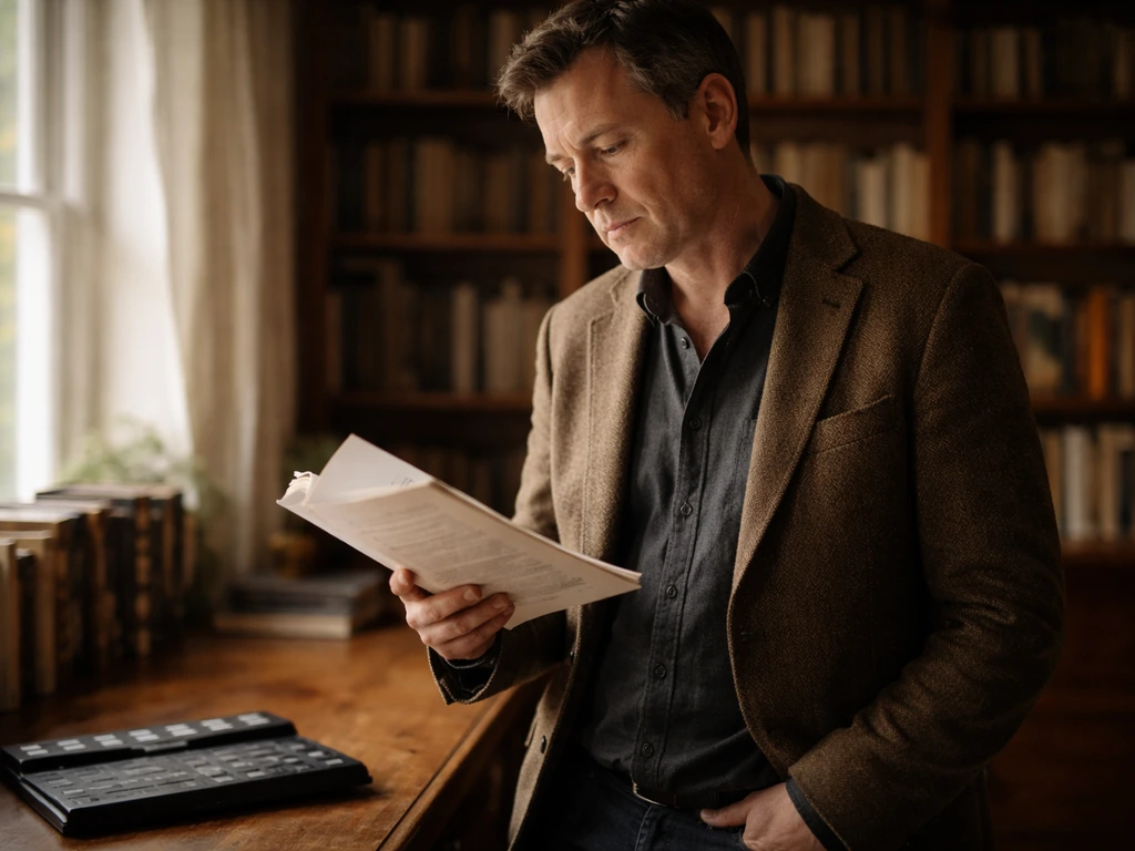 Man in a quiet book-lined study holding an open manuscript, with soft window light and blurred shelves.