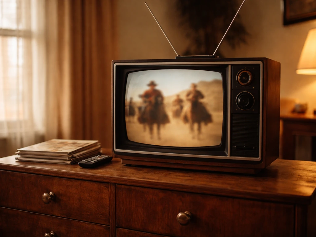 A vintage TV set in a dim living room, evoking classic 1960s network westerns and media-era earnings.