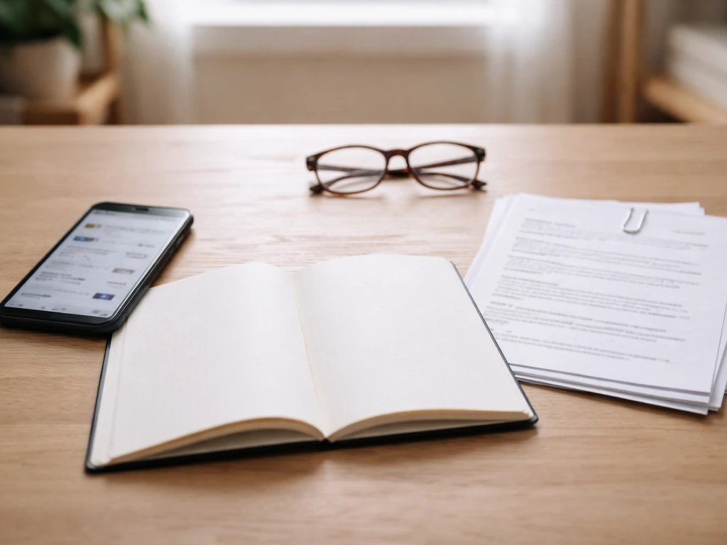 Minimal desk scene with a smartphone, blank notebook, glasses, and neatly stacked papers for verifying an estimate.
