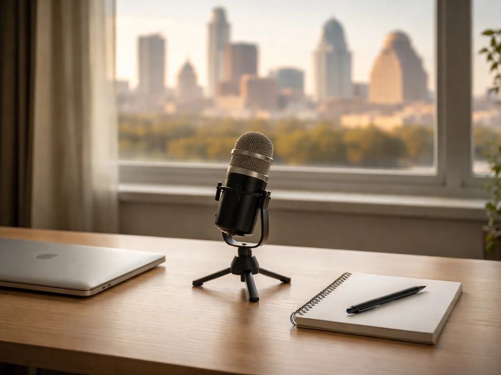 Minimal office scene with a microphone and blurred city skyline, symbolizing media profile disambiguation