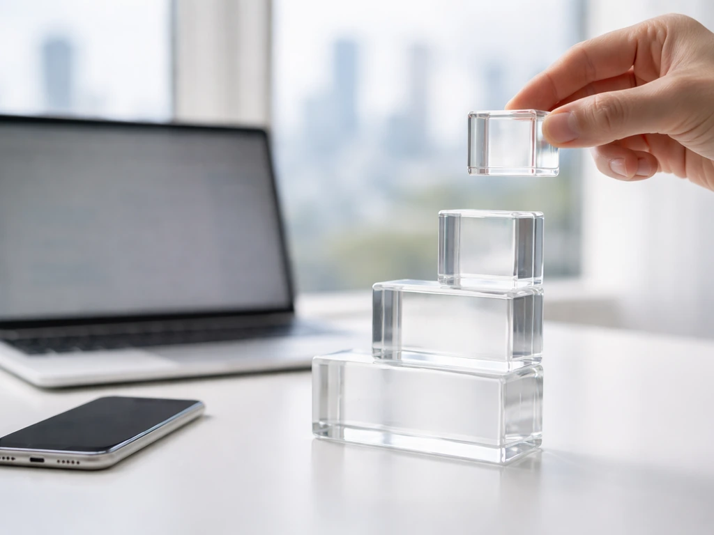 Minimal desk scene with laptop and stacked glass blocks symbolizing career milestones and wealth growth.
