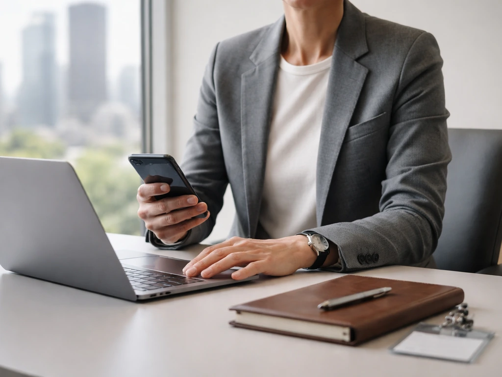 Anonymous executive marketing leader in a sleek office with a smartphone and laptop, city view behind.