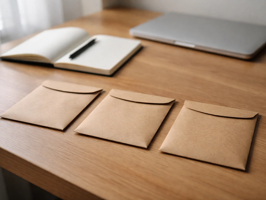 Open notebook beside a laptop with three neatly arranged envelopes, symbolizing multiple income streams.