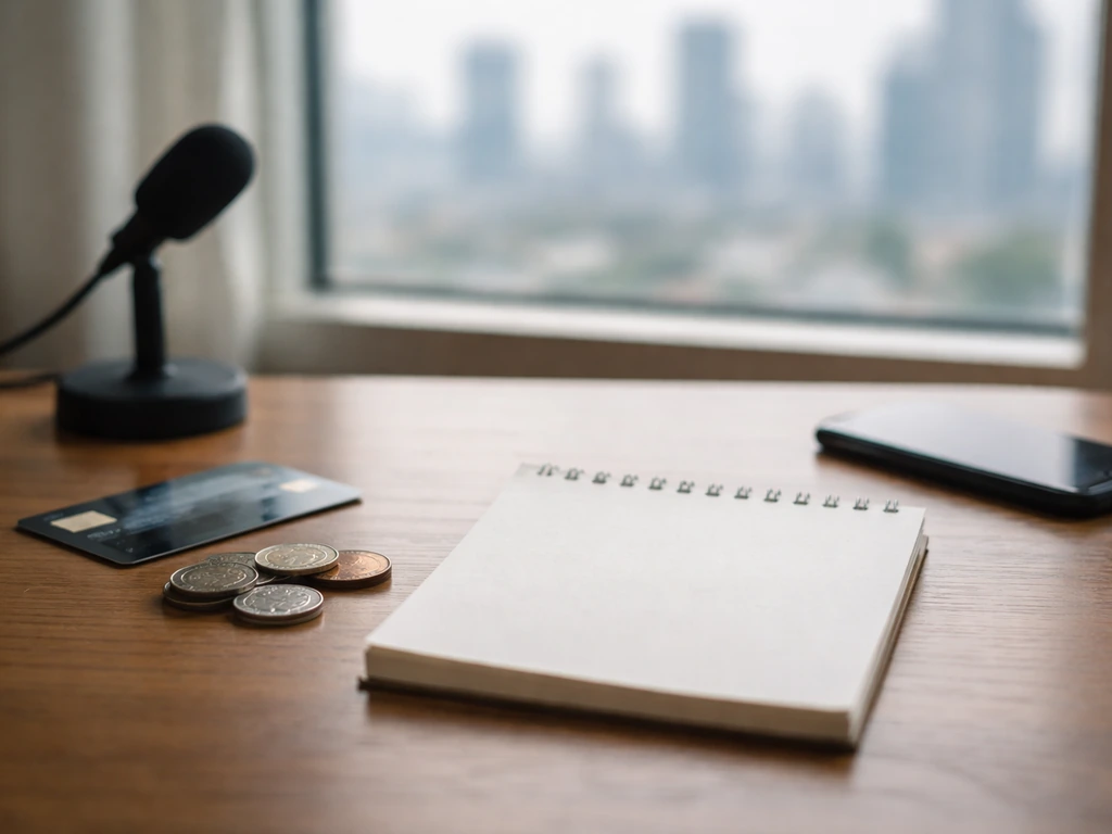 Coins and a credit card on a desk beside a blank notepad, suggesting uncertain net worth estimates.