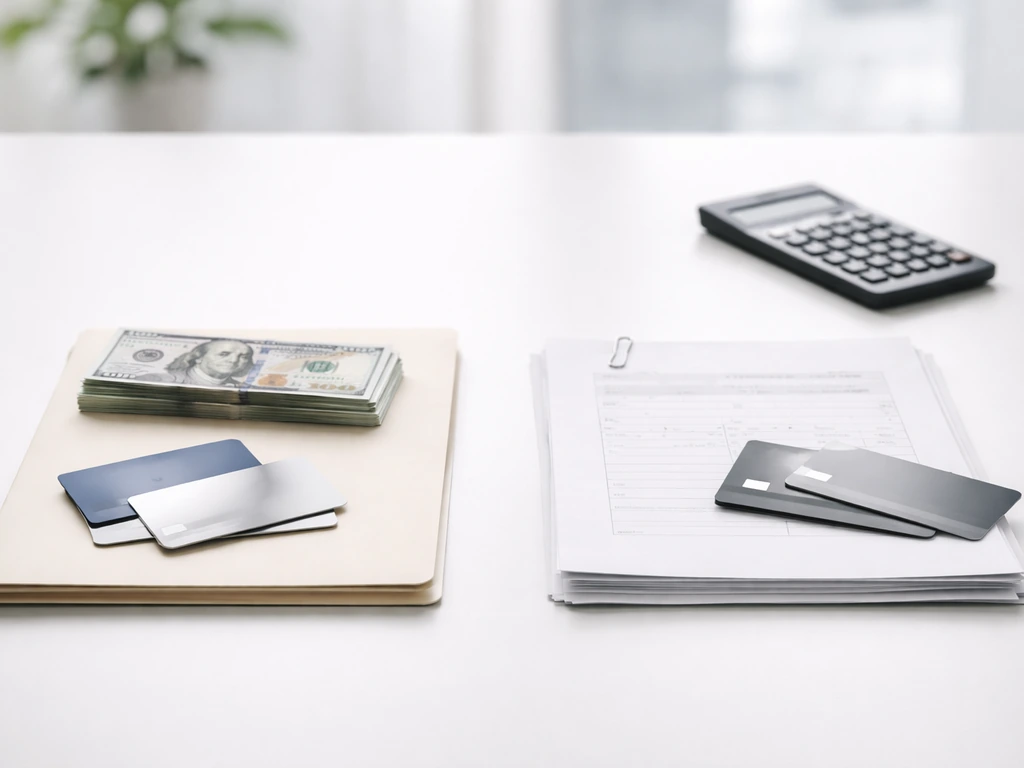Minimal desk scene with blank cash/investment items on one side and debt documents/cards on the other.