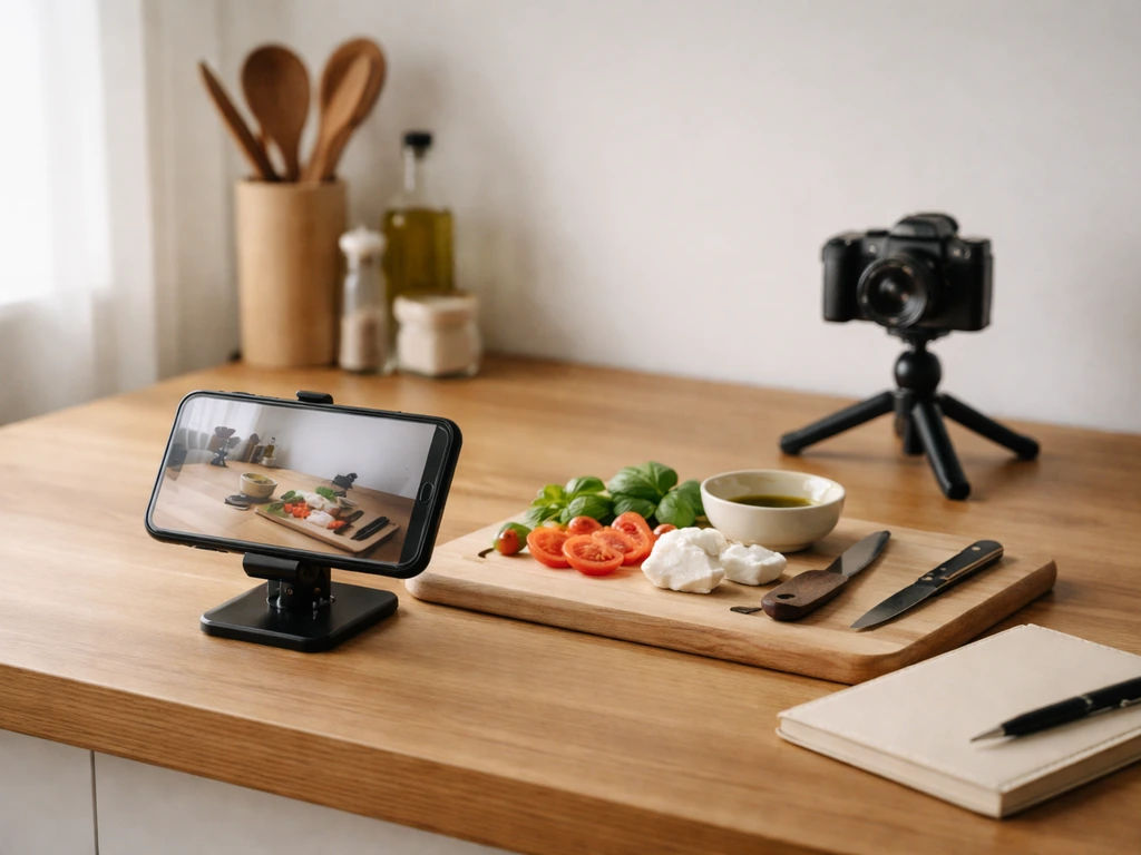 Minimal creator studio setup with phone, mozzarella board, and a small notebook symbolizing building money