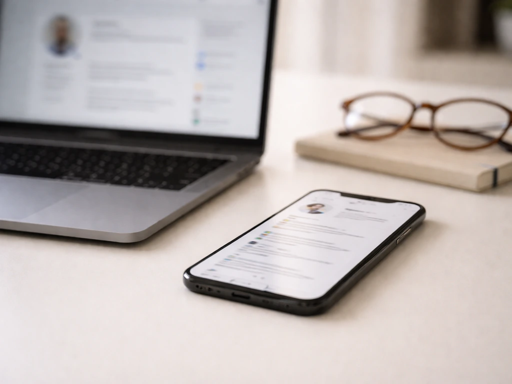 Smartphone and laptop on a desk with blurred profile-style screen, implying verifying a business identity.