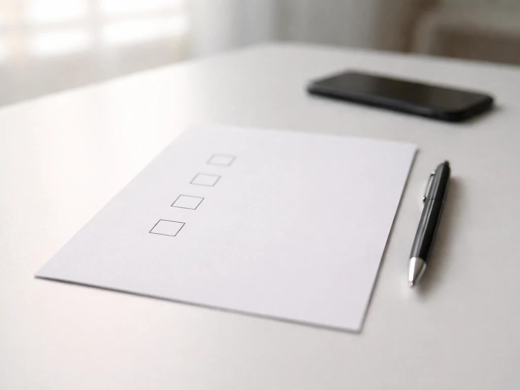 Minimal desk scene with a checklist sheet and pen, showing blank checkboxes for verification steps