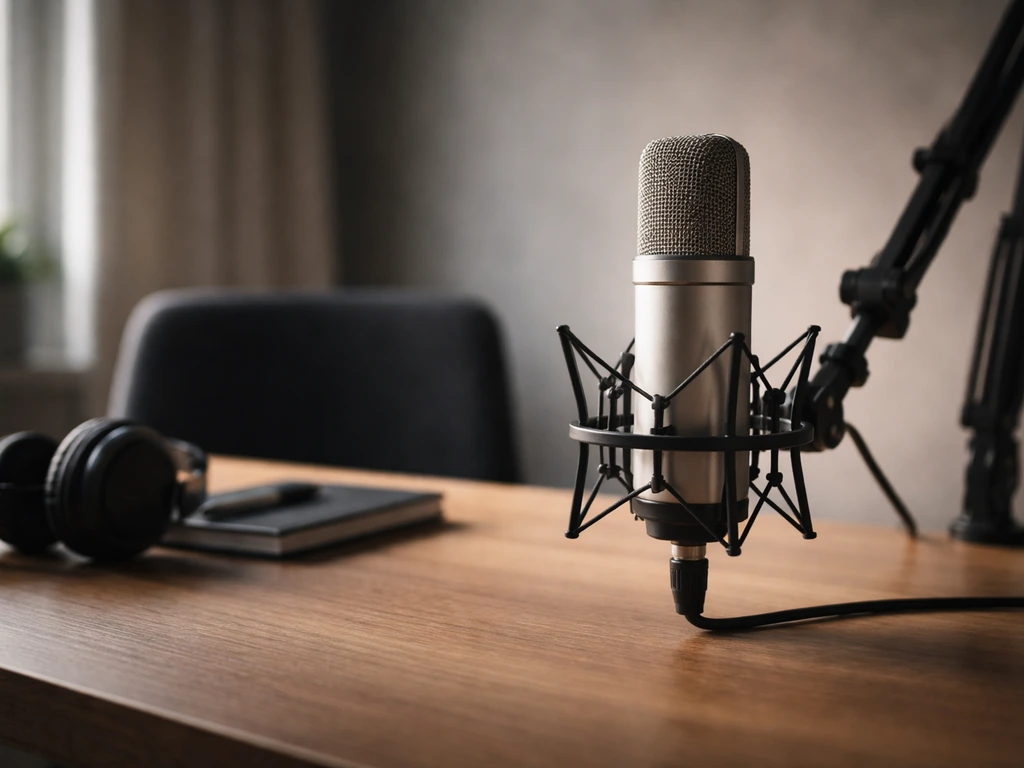 Minimal media-studio desk scene with a microphone and neutral background to suggest identifying the right public figure