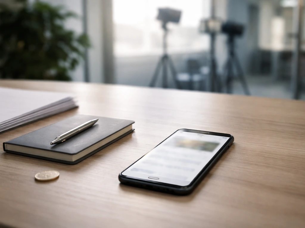 Minimal desk scene with a smartphone showing a blurred web page about net worth and a pen, symbolizing an estimate.
