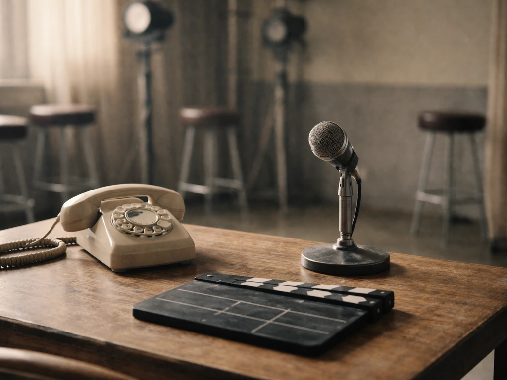 Vintage TV studio desk with microphone and rotary phone, suggesting daytime TV earnings and media work.