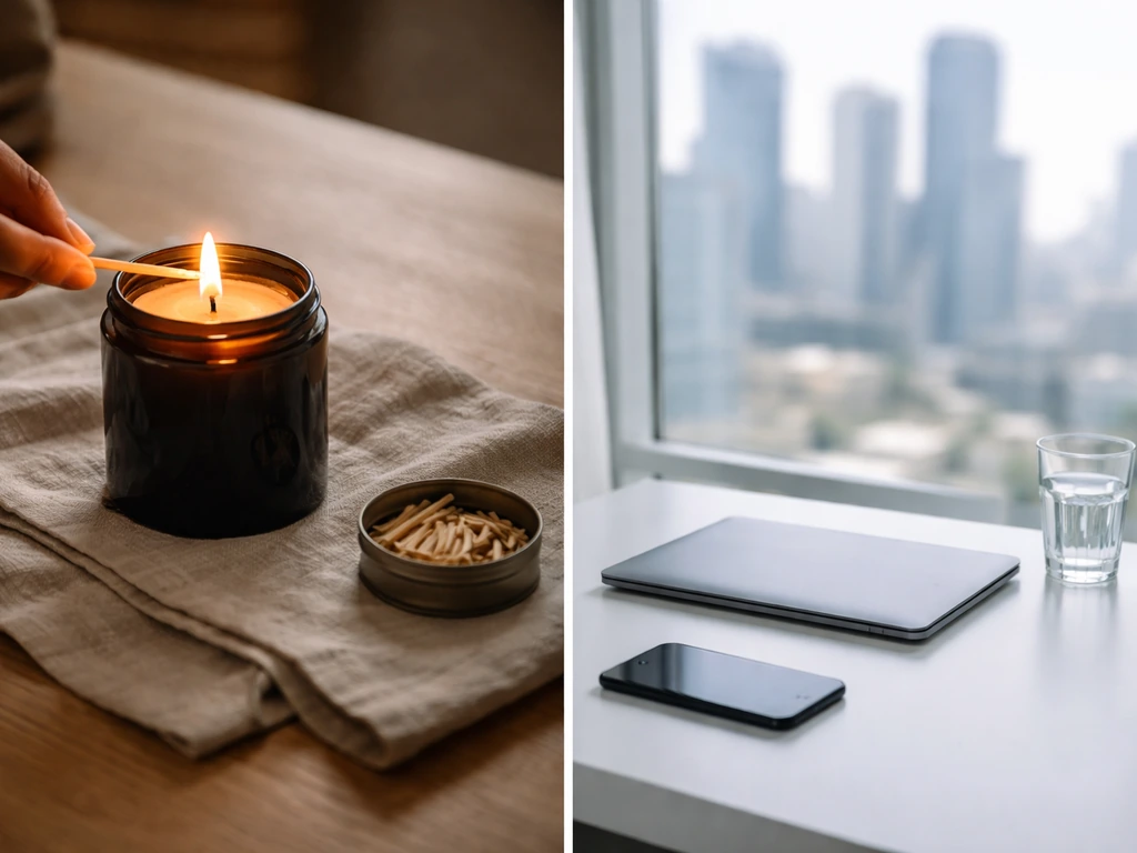 Split image: luxury candle setup on one side, minimalist office desk with city view on the other.