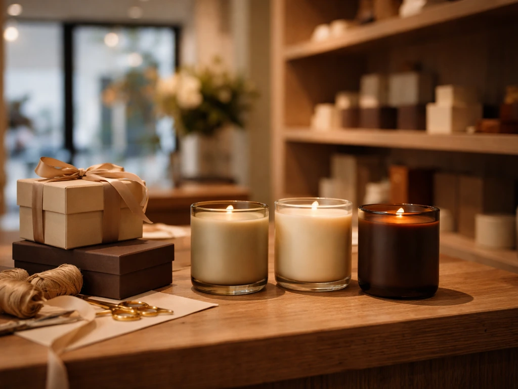 Luxury candle shop shelf with premium glass jars and gift packaging, warm showroom light, no people