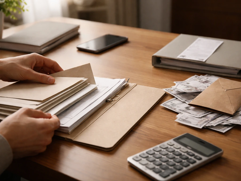 Hands organizing envelopes, bills, and paperwork on a desk to symbolize assets versus liabilities.