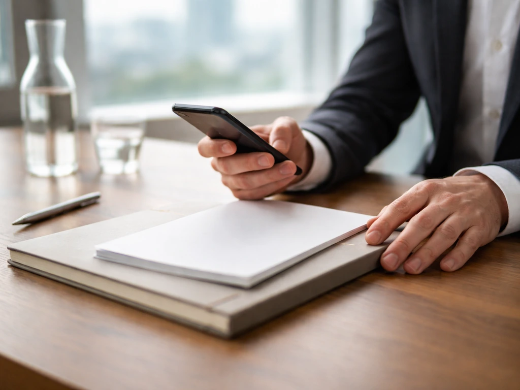 Minimal office scene with a man’s hands near a smartphone and financial documents, symbolizing business and identity