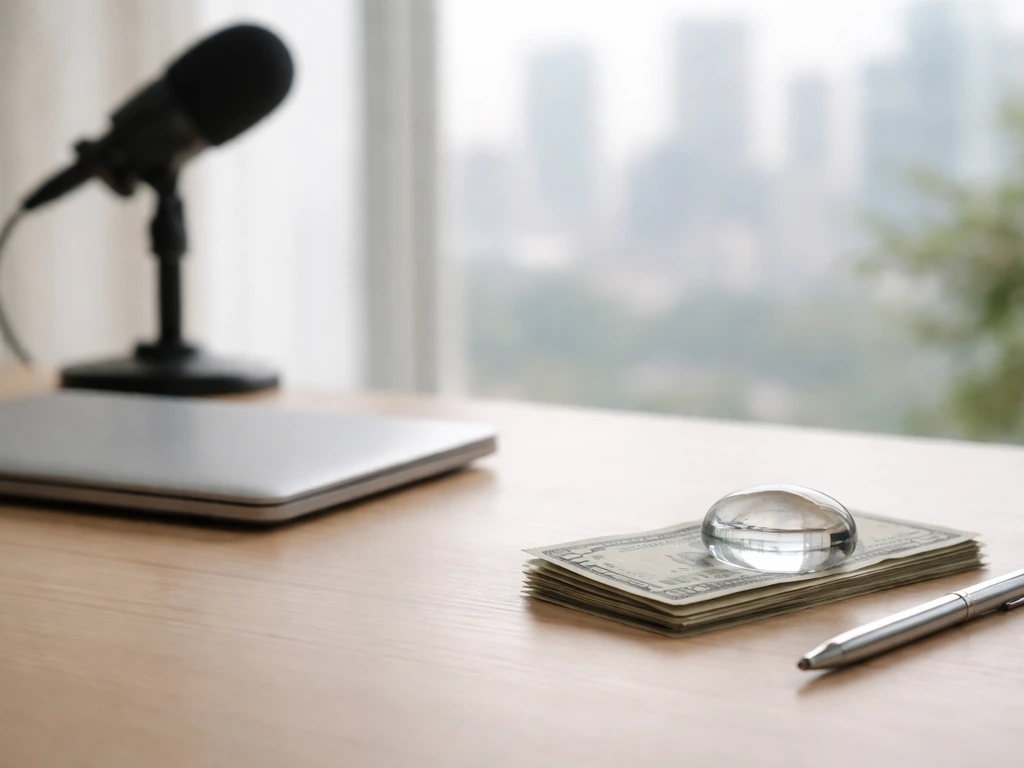 Minimal office desk with laptop, cash, and a blurred microphone—symbolizing a net worth estimate.