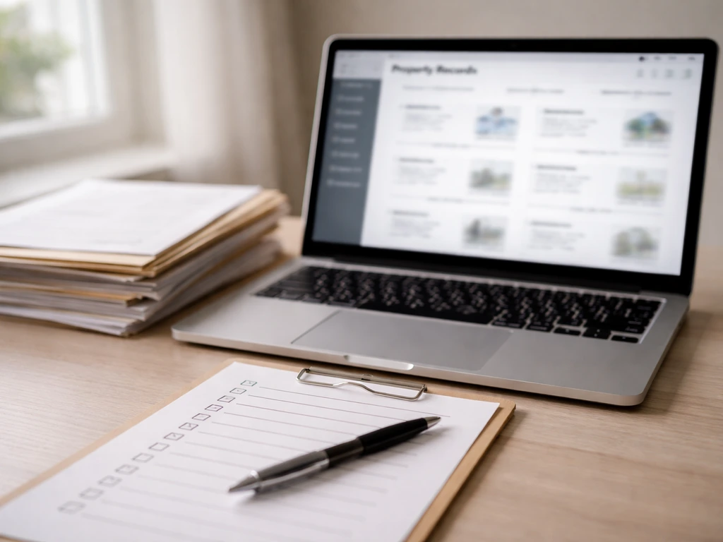 Close-up of a laptop showing public records search with a handwritten checklist beside documents