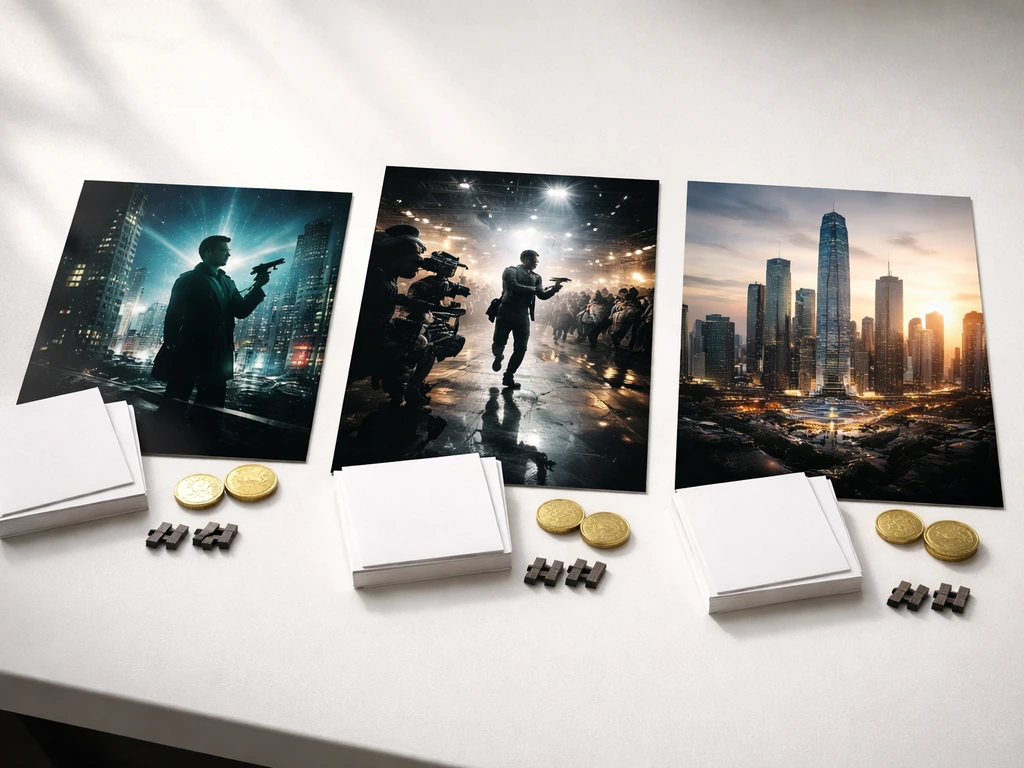 Minimal desk scene with three generic cinematic film-still frames, gold tokens, and tally-like markers.