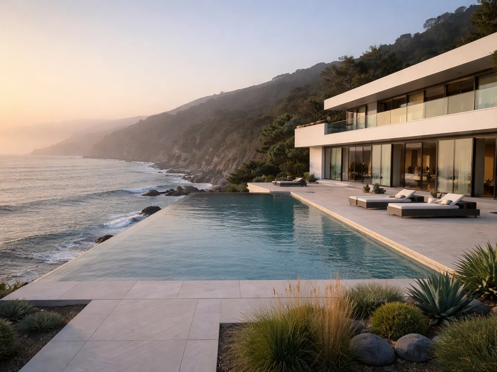 Luxury oceanfront villa with an infinity pool overlooking the coastline at golden hour