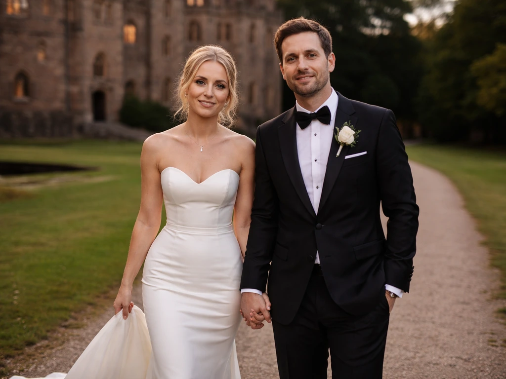 Wedding setting at a castle in Cheshire with a couple holding hands during a quiet moment outdoors.