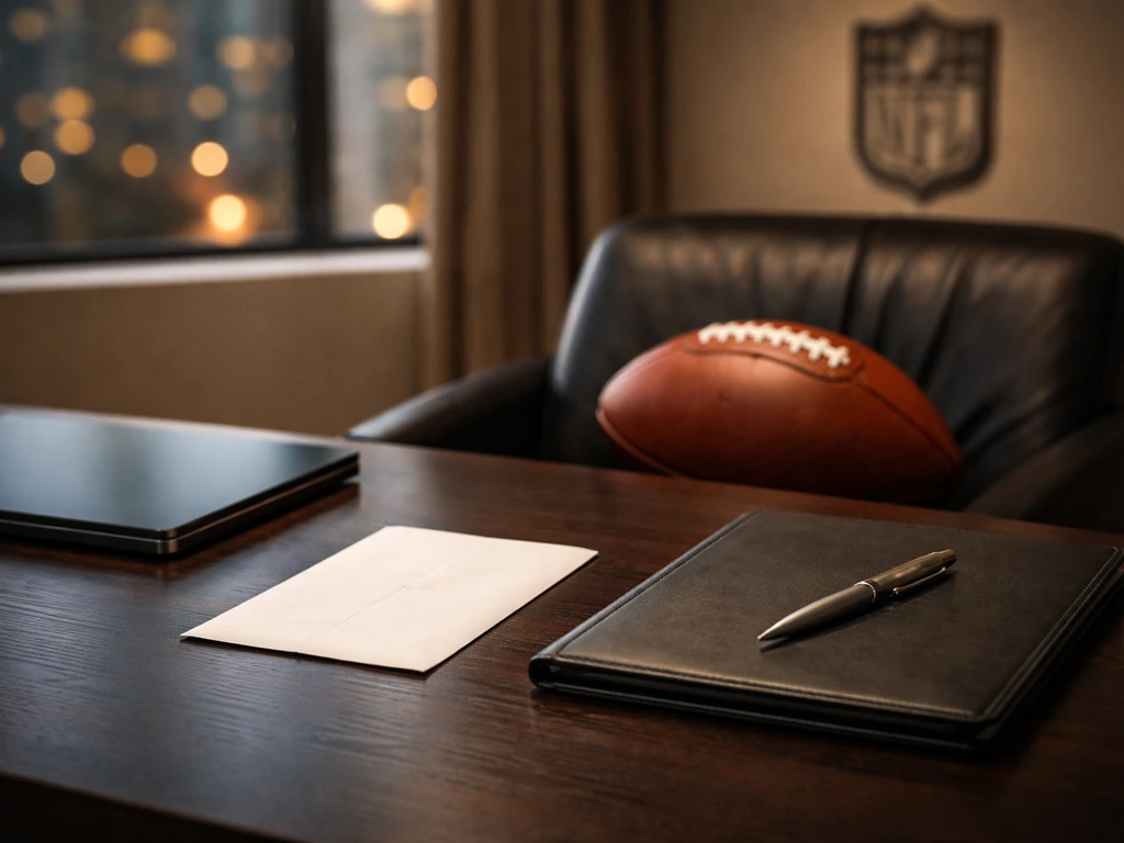 Minimal upscale office desk with a football, laptop, and envelope symbolizing NFL contract earnings