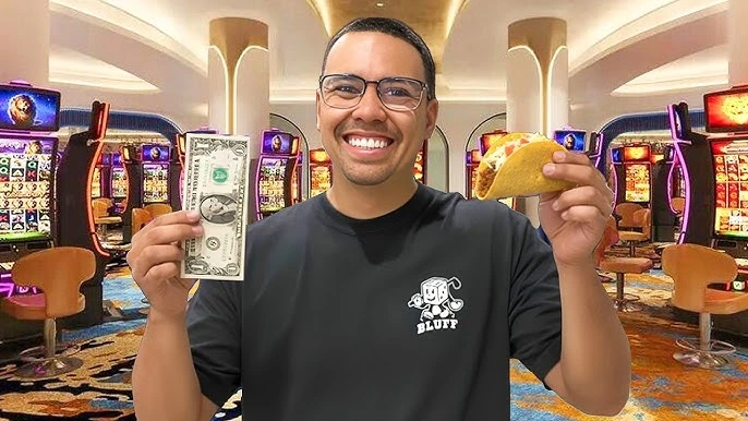 Bobby Rivas (Bluffin Bob) smiling in a casino holding cash and a taco