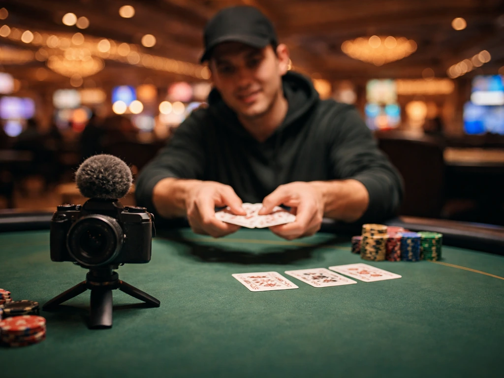 Gambling content creator filming a poker table setup in a Las Vegas casino, with cameras and card room ambience.