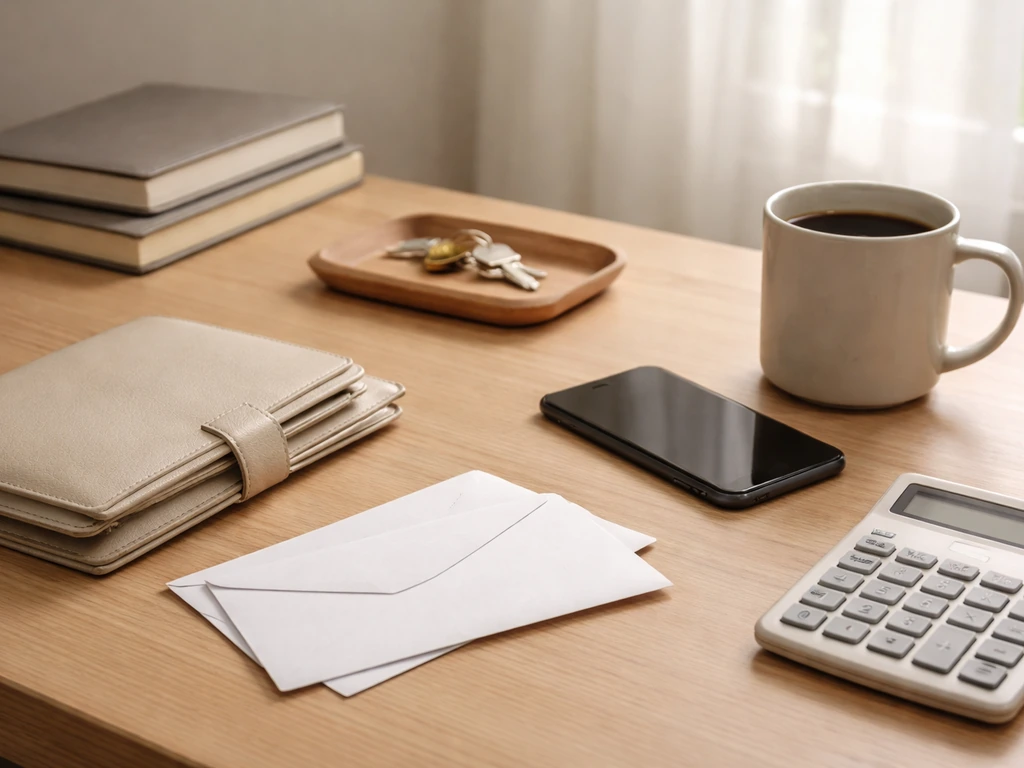 Minimal photo of a tidy home office desk with two envelopes and a smartphone beside a mug, suggesting combined household