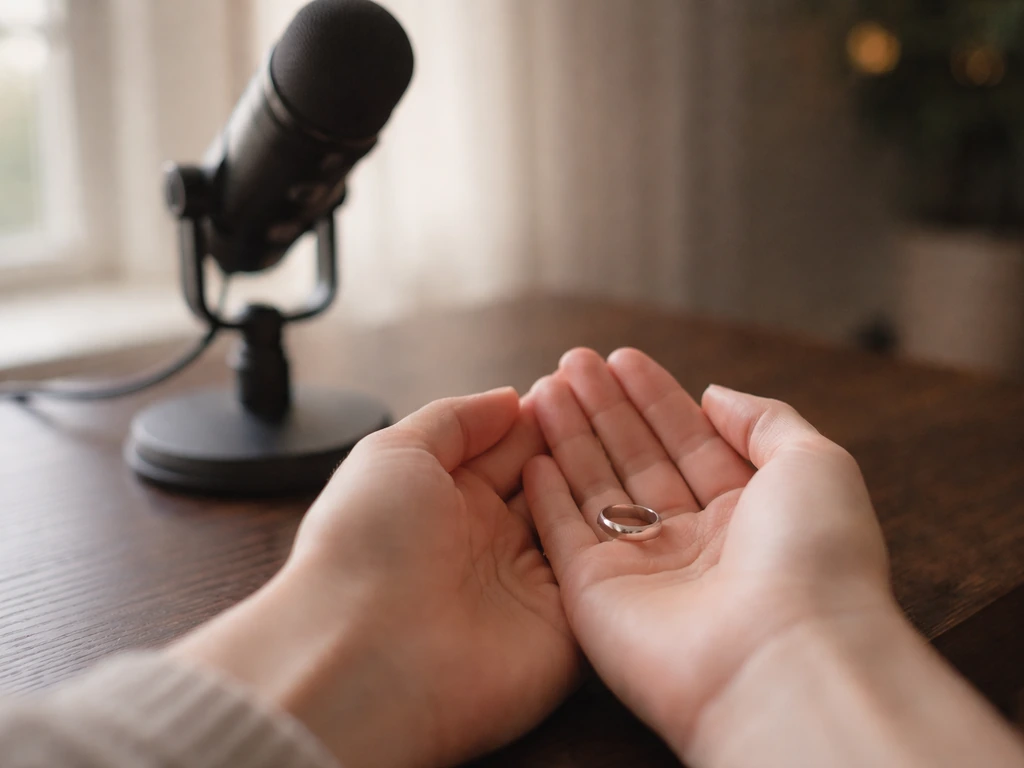 Close-up of hands holding a wedding band beside a studio microphone in soft natural light.