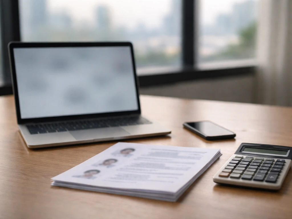 Minimal office desk with laptop, blurred documents, and calculator suggesting estimate triangulation