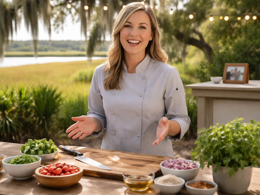 A chef hosting outdoors on Edisto Island vibe, with a small framed family photo blurred in the background