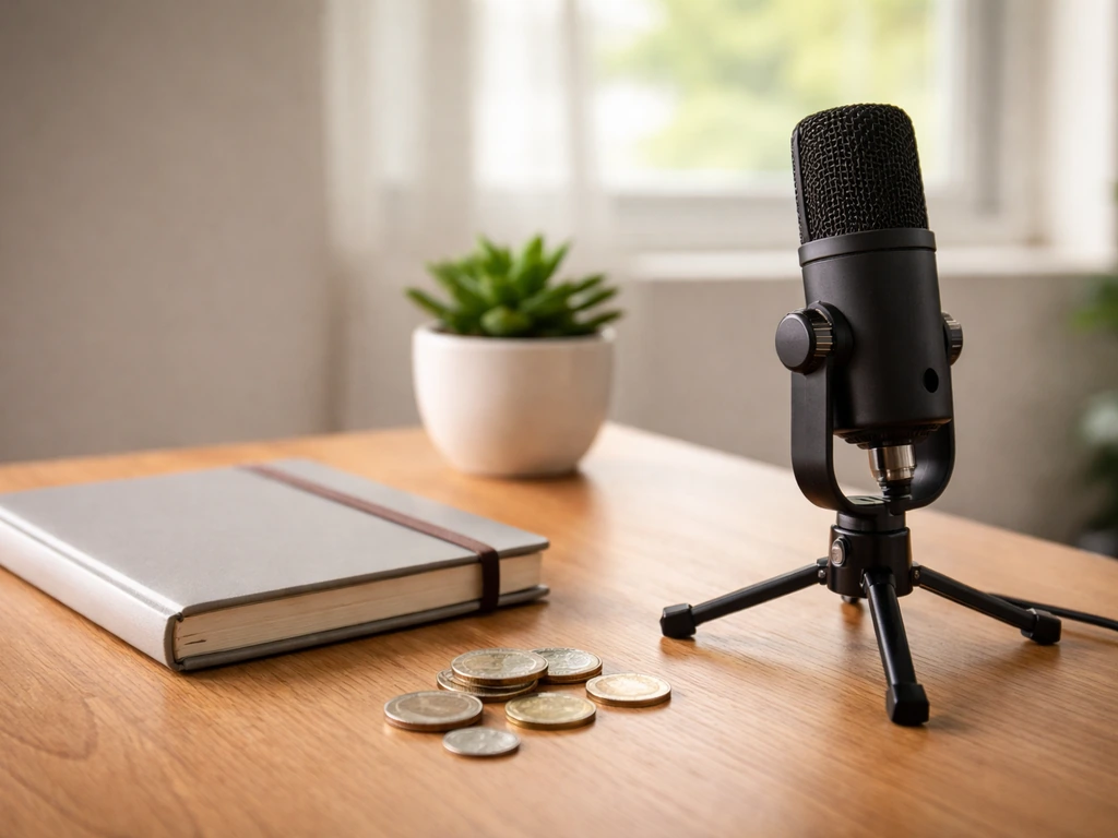 Minimal office desk with a microphone, notebook, and a few coins suggesting income sources and business work