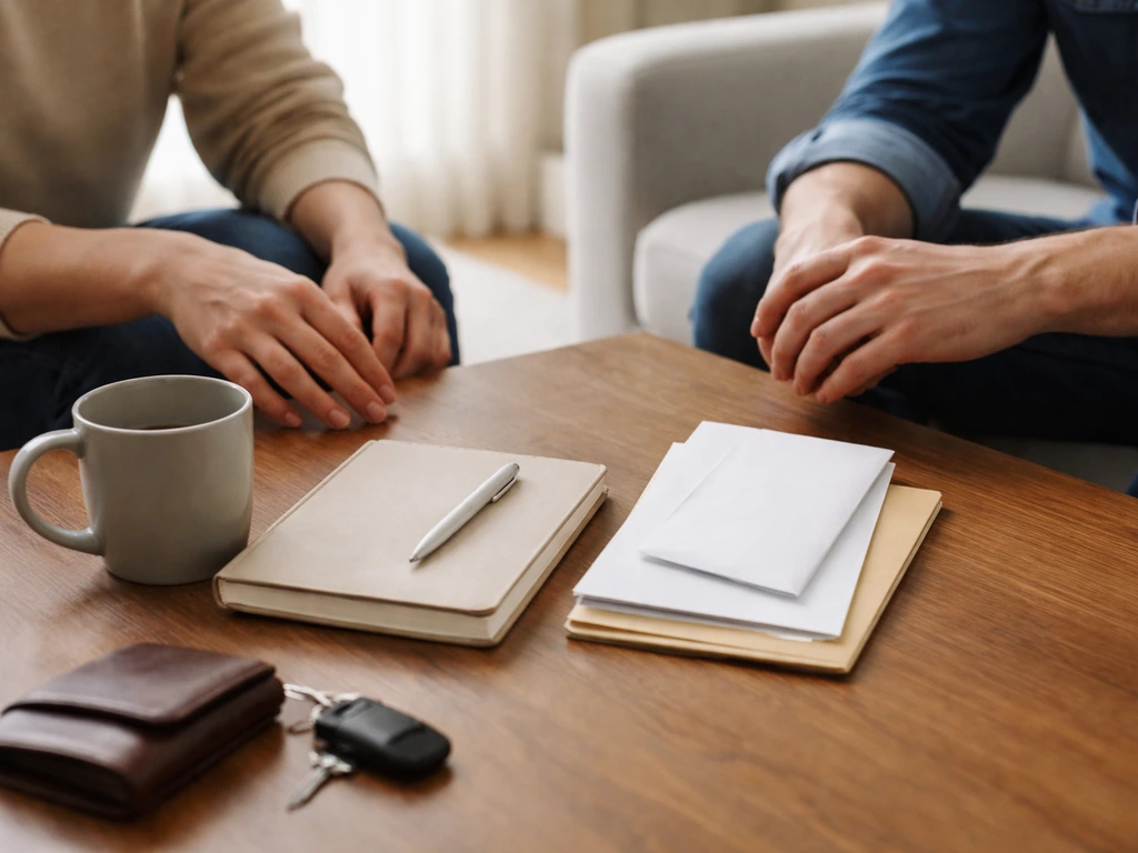 Anonymous hands organizing blank-budget items and envelopes on a coffee table in a bright, minimal living room.