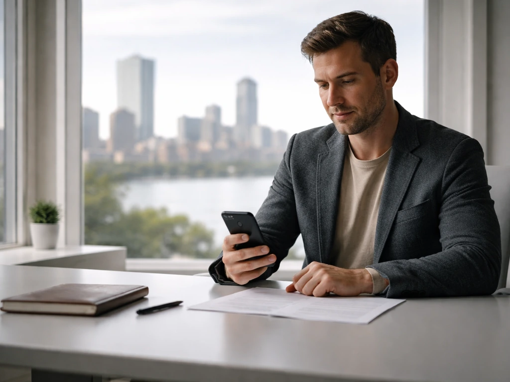 Boston-area investor in a minimalist office with a city view, holding a phone and reviewing documents.