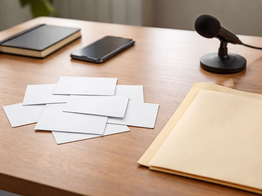 Minimal desk scene symbolizing credibility-checking public wealth signals with paper cards and folder