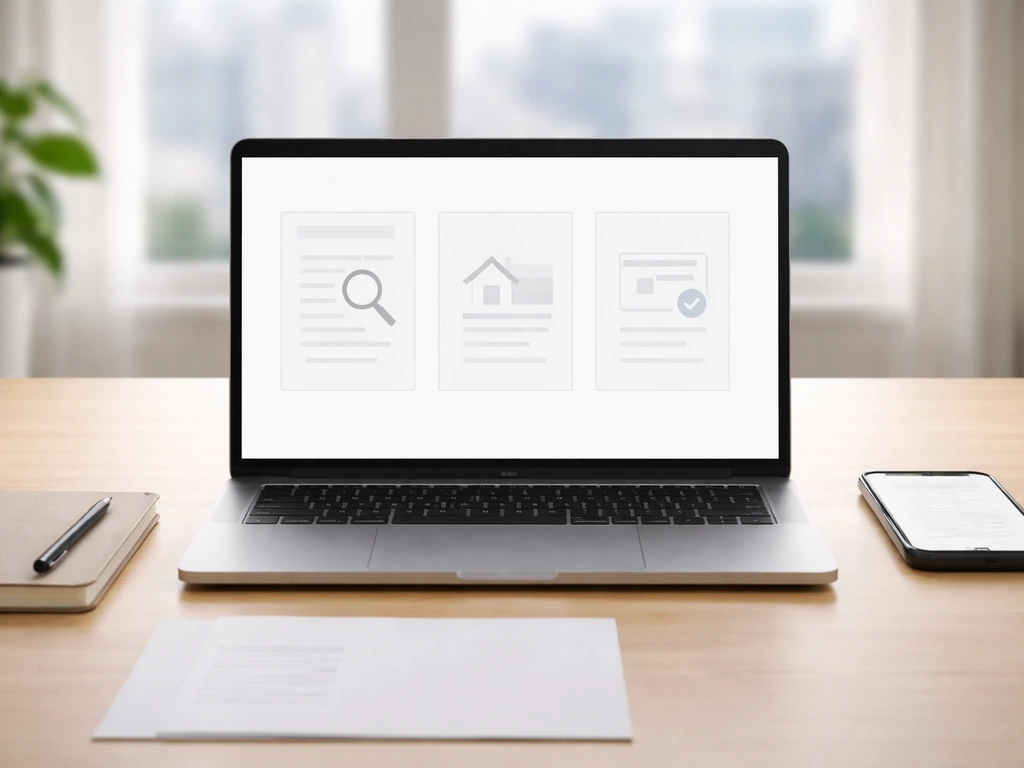 Minimal desk with laptop mockup panels suggesting steps to verify wealth claims, no readable text.