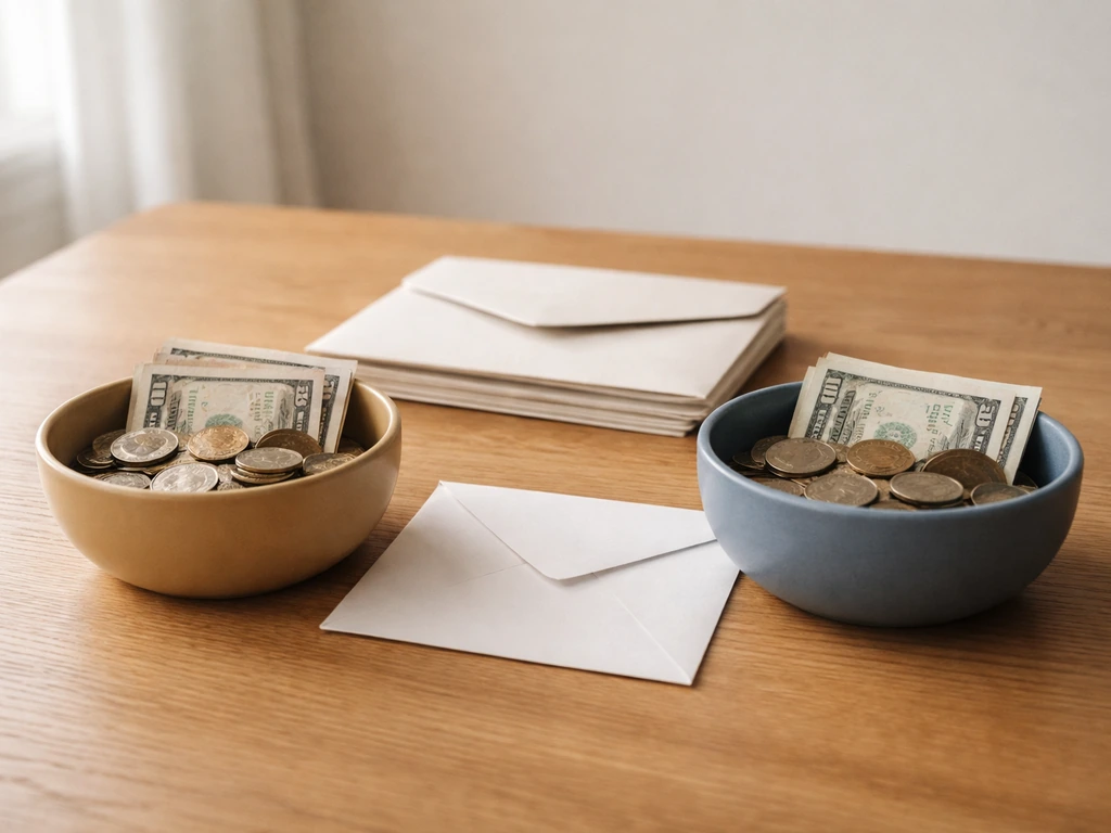 Minimal desk setup with two coin-filled bowls suggesting a household income split and combined earnings.