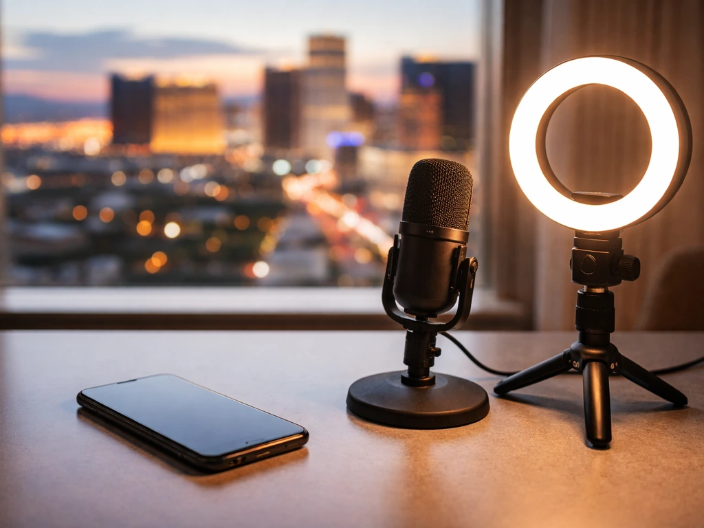 Anonymous smartphone and microphone on a desk near a blurred Las Vegas night skyline