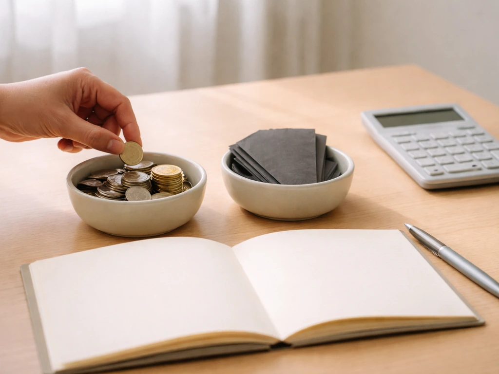 Close-up desk scene with coins and tokens for assets, envelopes for liabilities, and a calculator.
