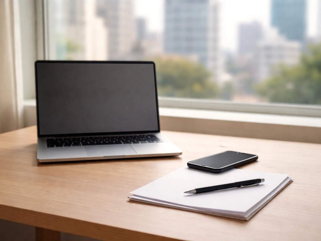 Minimal desk setup with laptop, smartphone, blank papers, and pen suggesting self verification research.