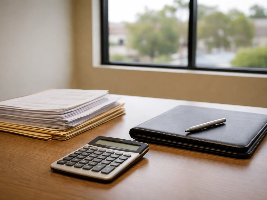 Close-up of a CPA-style desk scene with calculator, documents, and a pen in a quiet office