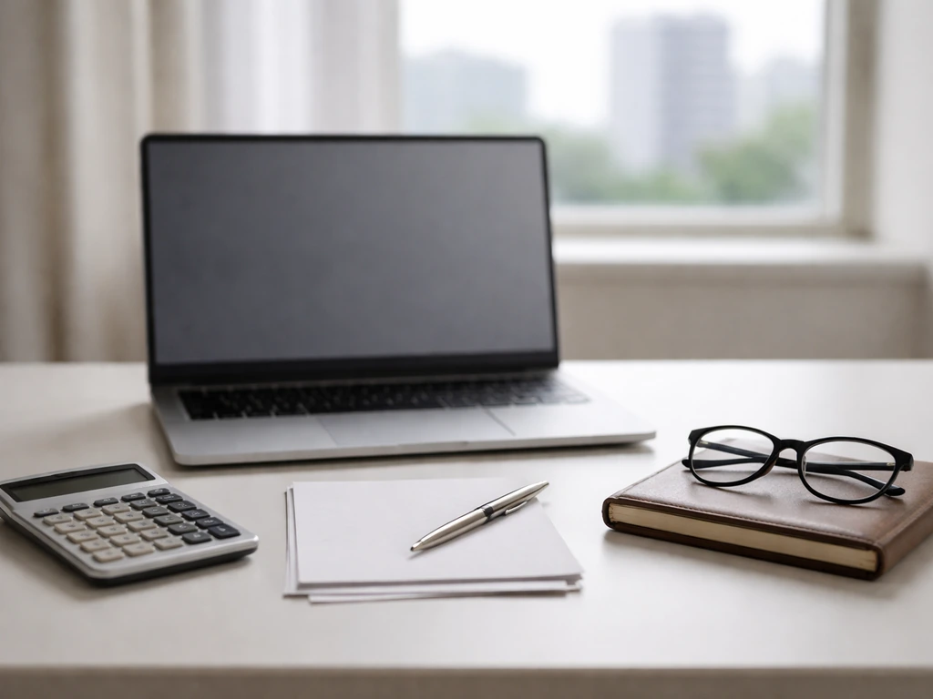 Minimal office desk scene with accounting tools and a blurred city skyline, symbolizing varying net worth estimates.