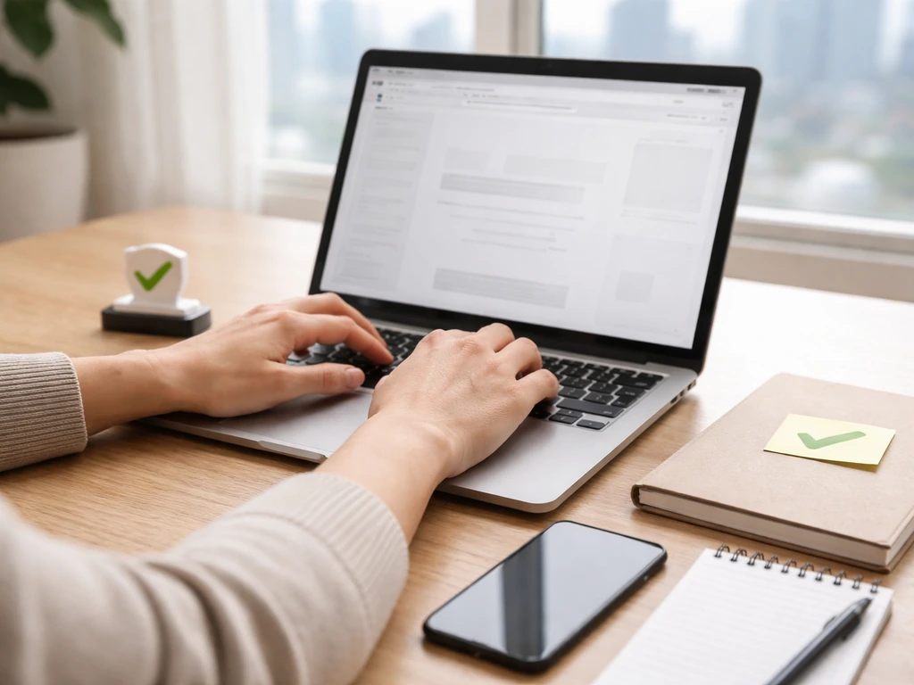 Close-up of hands using a laptop to research financial records, with a smartphone and notes nearby.