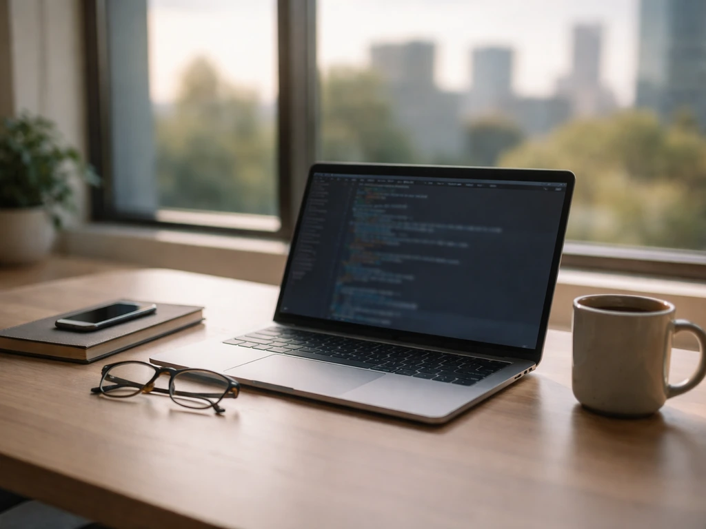 Minimal office desk with an open laptop and analysis tools, symbolizing a data science consultant.
