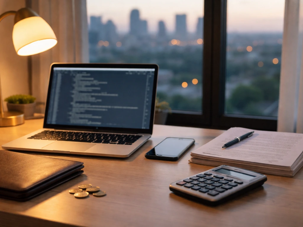 Minimal desk scene with laptop, documents, calculator, coins, and soft city light.