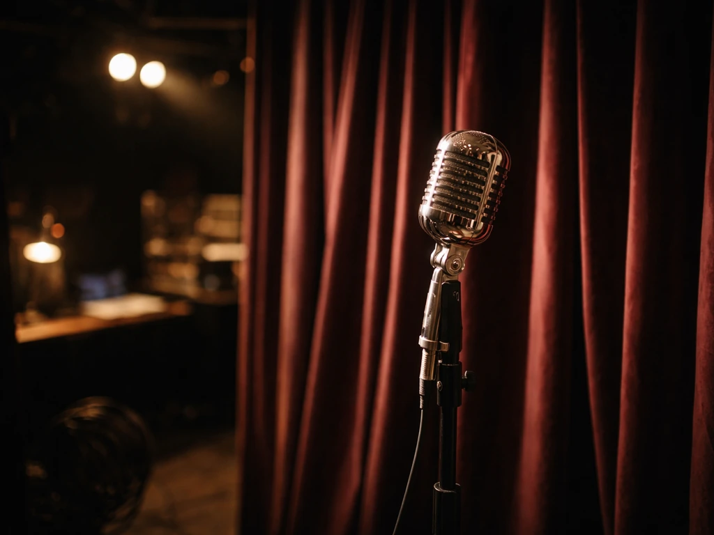 Minimal studio scene with a microphone and velvet stage curtains, symbolizing celebrity performance and media buzz.